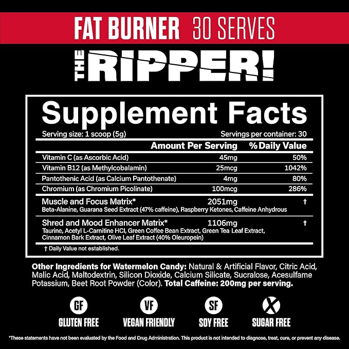 JNX SPORTS The Ripper! Fat Burner Pre Workout for Men &amp Women – Thermogenic Fat Burning Powder &amp Appetite Suppressant Boost Energy &amp Endurance – Watermelon Candy 30 Servings
