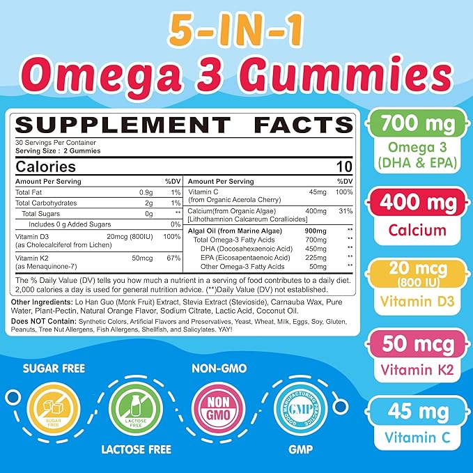 Kids Omega 3 Gummies + Calcium 400mg + Vitamin D3 K2 + C Omega-3 DHA &amp EPA Supplement - No Fish Burps No Sugar - Kids &amp Teens Omḛga 3 + Multivitamin Gummy for Strong Bones Brain Immune Ey