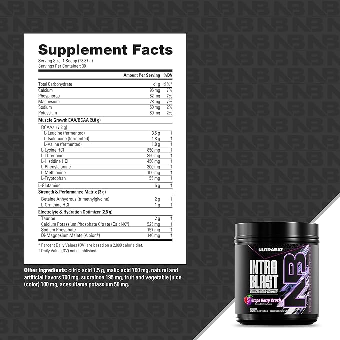 NutraBio Intra Blast Bcaa Powder Amino Acid Supplement Electrolyte &amp Hydration Blend Intra Pre Workout &amp Muscle Recovery 20g Eaa Amino Acids Powder 5g Glutamine- Grape Berry Crush 30 Ser
