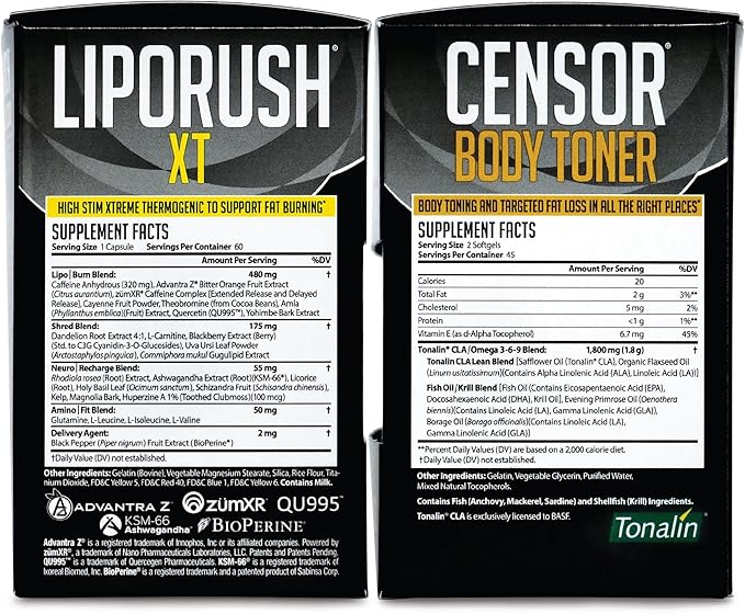 NDS Nutrition Maximum Strength Dual Impact Stack - Powerful 2-in-1 Weight Loss Kit Combines High Energy Fat-Burning XT Thermogenic with Premium CLA Censor Body Toner (60 Caps &amp 90 Softgels)
