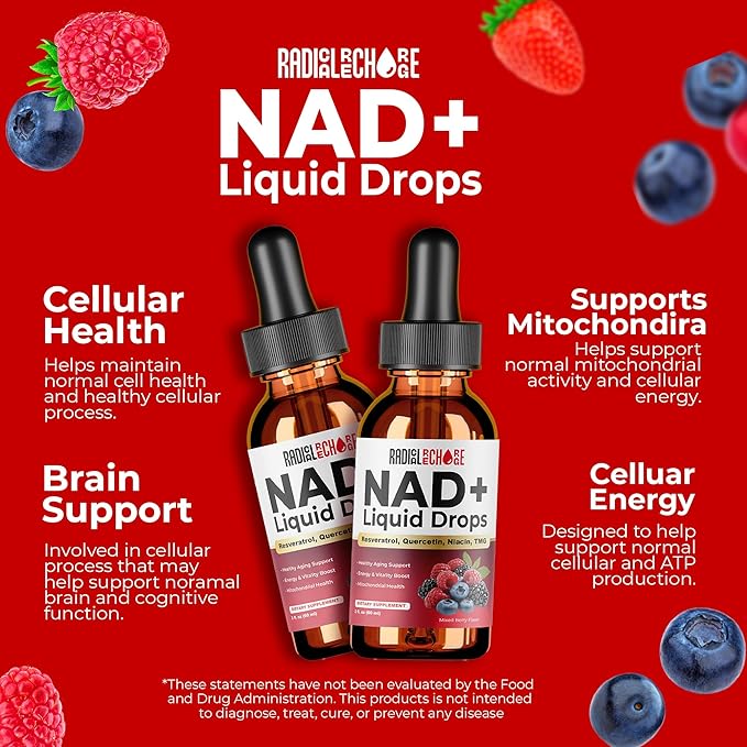 NAD+ Liquid Drops – with Resveratrol Quercetin Niacin &amp TMG – 10-in-1 Nutrient Support Formula for Cellular Energy &amp Wellness – Mixed Berry Flavor – 2 fl oz