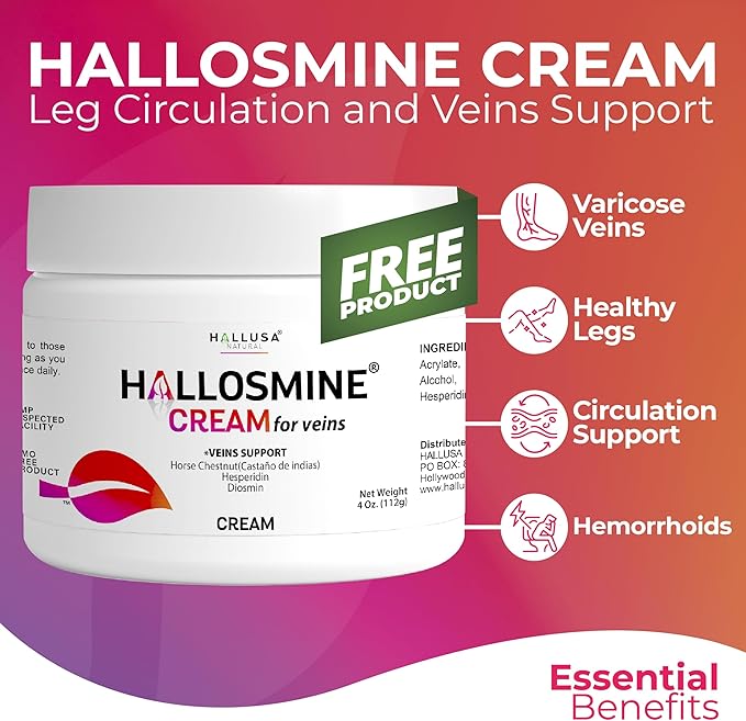 Hallosmine Xtra - Circulation &amp Vein Support Diosmin Horse Chesnut &amp Hesperidin 850mg + FREE Leg Cream | Leg Circulation Varicose Veins Spider Veins Hemorrhoids Blood Flow | 60 capsules