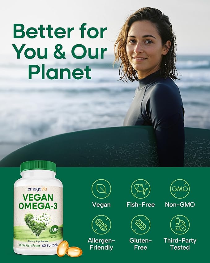 OmegaVia Vegan Omega 3 Supplement Algae Omega 3 Fish Oil Alternative 300mg Vegan DHA Fatty Acids Plant Based Planet and Ocean Friendly IAOS 5 Star Tested 60 Softgels