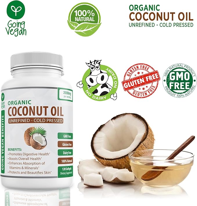 Organic Coconut Oil Capsules 2000mg - 100% Extra Virgin Cold Pressed for Healthy Skin Extra Hair Growth Nail Care Brain Booster - 120 Softgels - Unrefined Pure &amp Non GMO Pills - Rich in MCT