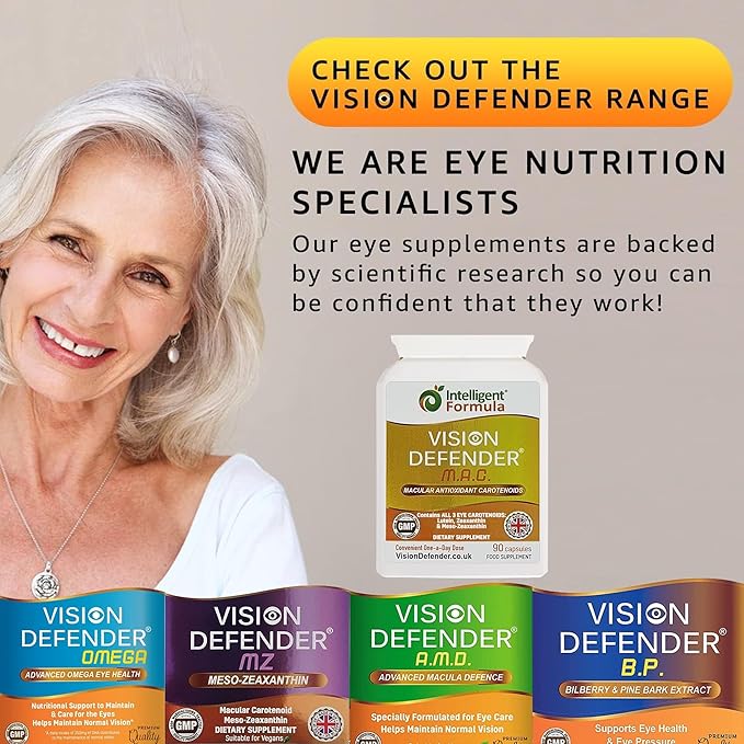 Vision Defender MAC Eye Supplement: Lutein Zeaxanthin &amp Meso-Zeaxanthin Triple Antioxidant Carotenoids for Eye Health and Eyesight (90 Capsules/One Capsule Daily) Made in UK