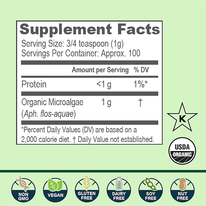 New Earth Wild Algae Blend Organic Superfood Powder | Pure Organic Wild Microalgae (AFA) | Supports Energy Digestion Nutrient Absorption &amp Immune Health | Vegan Non-GMO