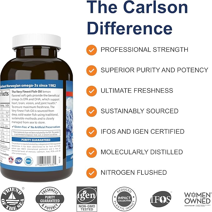 Carlson - The Very Finest Fish Oil 700 mg Omega-3s Norwegian Fish Oil Wild Caught Sustainably Sourced Fish Oil Capsules Lemon 240 Count