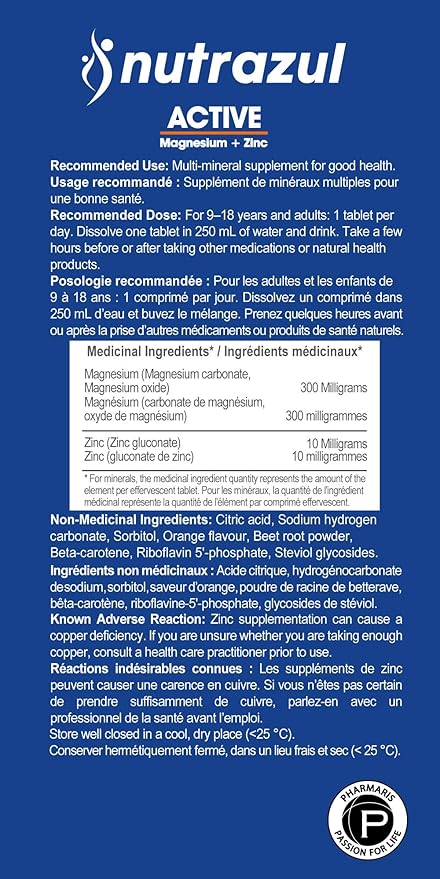 Nutrazul Active Magnesium &amp Zinc Effervescent Tablets Helps Maintain Muscle Function &amp Electrolyte Balance 300mg Magnesium Supplement 10mg Zinc Orange Flavor 60 Tablets