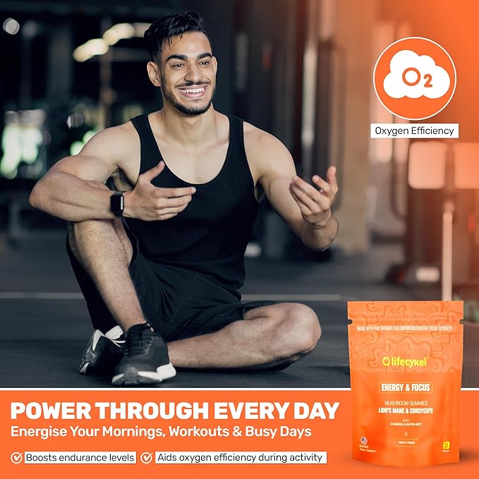 Life Cykel - AM Energy and Focus Mushroom Gummies 60 Count - Organic Lion's Mane Gummies with Cordyceps Guarana &amp Alpha GPC for Mental Clarity Natural Energy Endurance &amp Focus - Lemon Peac