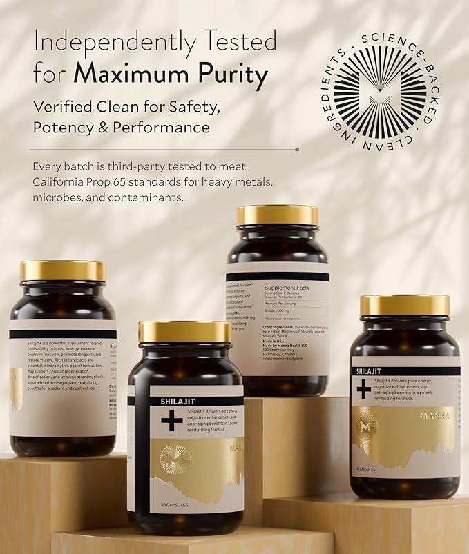 Manna Vitality Shilajit+ Capsules | 1000mg Purified Himalayan Shilajit Resin Supplement | Highest Bioavailability | Energy Performance Detox Vitality Mental Clarity &amp Cognitive Support | 60 Co