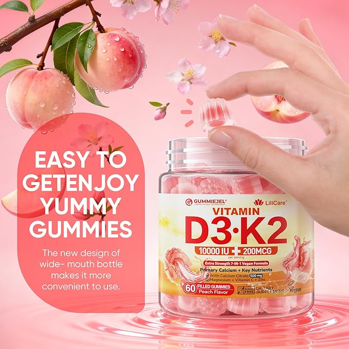 Vitamin D3 K2 Gummies 5000IU / 10000 IU with 500mg Calcium + K2(MK-7) 200mcg Magnesium Vitamin C &amp Zinc Extra Strength - Ultimate Absorbency for Bones Muscles Teeth Vegan 60 Count (Pack of