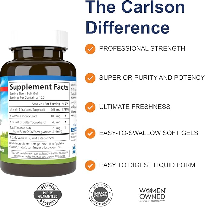 Carlson - E-Gems Elite 400 IU (268 mg) Vitamin E with Tocopherols and Tocotrienols Optimal Wellness 120 Soft Gels