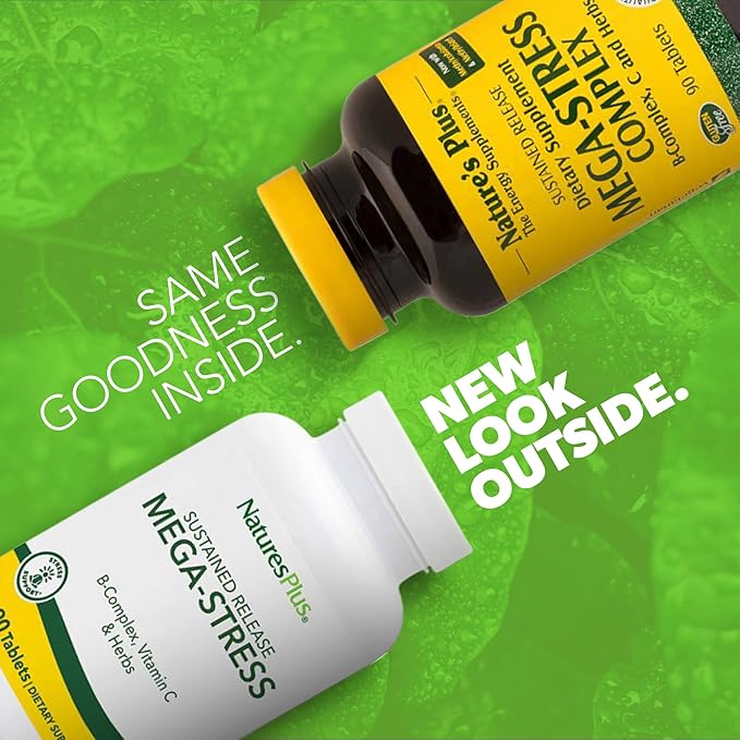 NaturesPlus Mega-Stress Complex Sustained Release - 90 Vegetarian Tablets - B Complex Vitamin C Stress Relief Supplement Chamomile &amp Herbs for Natural Calm - Gluten-Free - 90 Servings