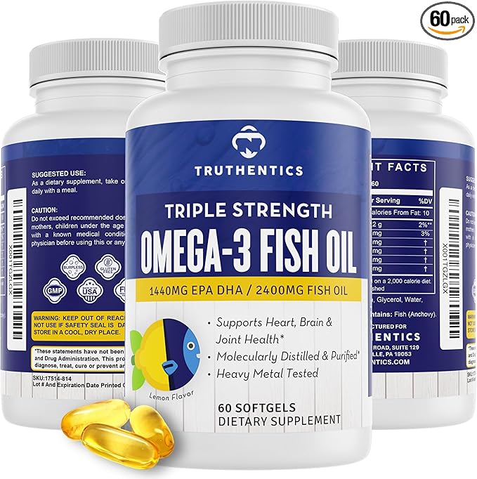 TRUTHENTICS Omega 3 Fish Oil - 2400 mg Triple Strength High EPA + DHA Omega-3 Fatty Acids for Men &amp Women - Burp-Free Lemon Flavor Fish Oil Supplement - 60 Softgels