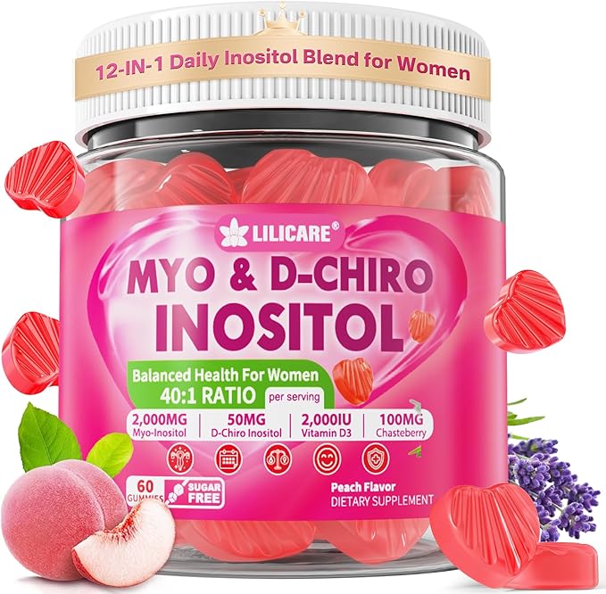 Inositol Gummies for Women + Chasteberry Myo-Inositol &amp D-Chiro Inositol 2000mg + 50mg Ideal 40:1 Ratio with Methylated B12 &amp Folate Choline MagnesiumVitamin D3 for Overall HealthSugar Fr