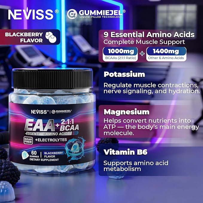 Essential Amino Acids EAA Gummies Nutritional Supplements for Women Men BCAAs Branched Chain Amino Acids Supplement Gummies w/ Electrolyte Hydration Black Raspberry Flavor Gluten Free Vegan 120ct