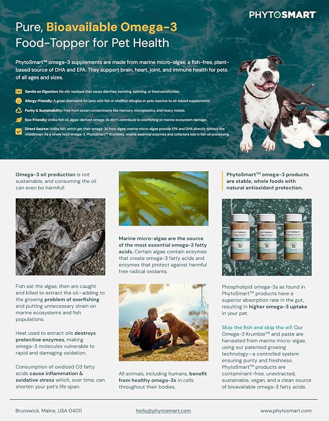 Omega-3 Krumble EPA and DHA for Pets - 70Grams Shaker Top. Pure Un-extracted Marine Micro-Algae Provides Pets with Complete Essential Fats for Total Body Health