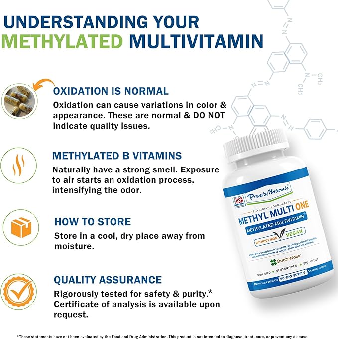Power By Naturals Methyl Multi One – Iron-Free Methylated Multivitamin with Methyl B12 5-MTHF CoQ10 &amp Zinc – Methylation Support for Men &amp Women – 120 Capsules 2-Pack (4-Month Supply)
