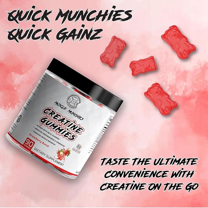 Muscle Munchies Creatine Chewable Gummies for Men &amp Women-Infused with Beta Alanine-5g of Creatine Per Serving-Increases Strength Endurance &amp Recovery-Vegan NonGMO (Strawberry Burst)