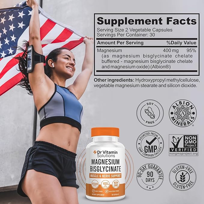 Magnesium Glycinate 400mg (Buffered Magnesium Bisglycinate Chelate) | Albion® Chelated Magnesium for Muscle &amp Nerve Support + Calm | High Absorption Gentle on Stomach | Non-GMO 60 Vegan Capsules