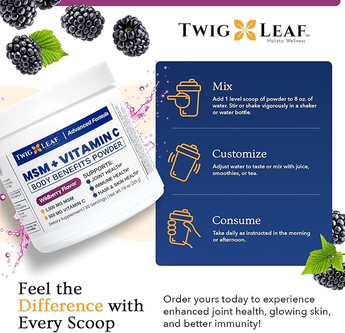 Twig &amp Leaf MSM + Vitamin C Powder – MSM Powder for Hair Growth Nails &amp Joint Support – MSM Powder Supplement - Non-GMO Gluten Free – 30 Servings - 7.9 oz