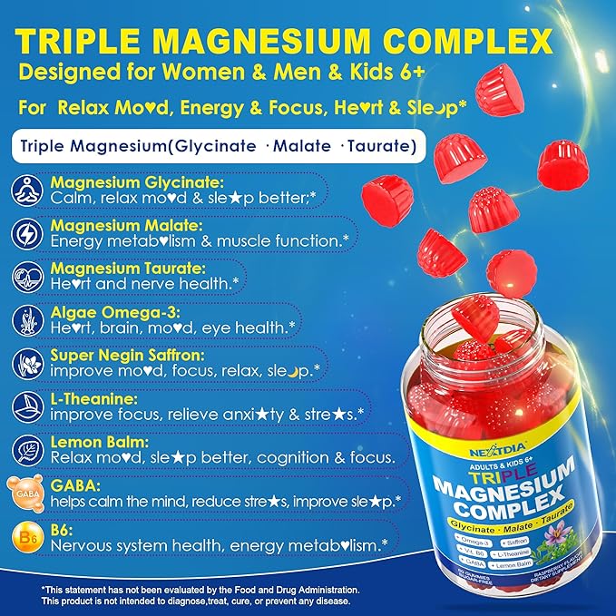 Triple Magnesium Complex 500mg/250mg Gummies + Omega-3 Saffron for Kids 6+ &amp Adults Kids Focus Calm Magnesium Gummies with Theanine Sugar Free Magnesium Glycinate Malate Taurate Sugar Free