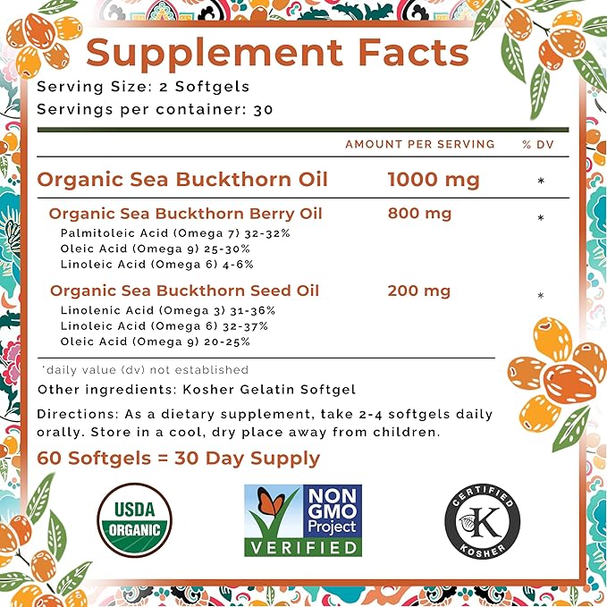 SeabuckWonders Organic Sea Buckthorn Oil Omega-7 Complete 60 Softgels 30 Day Supply with Omega 3 6 &amp 9 Supports Hair Skin &amp Nails Overall Health &amp Wellness