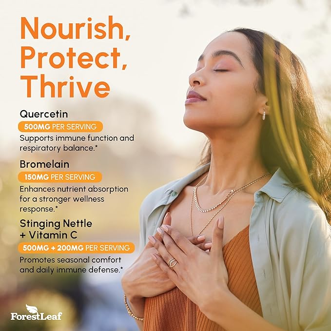 ForestLeaf Quercetin with Bromelain 1350mg - Blend with Vitamin C &amp Stinging Nettle Supplement Quercetin 500mg Capsules Non-GMO Gluten Free Natural Function 90 Veggie Caps