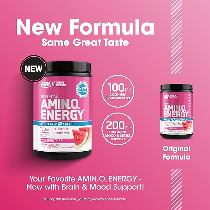 Optimum Nutrition Amino Energy Powder Plus Focus with BCAA Electrolytes and Caffeine Watermelon 30 Servings (Packaging May Vary)