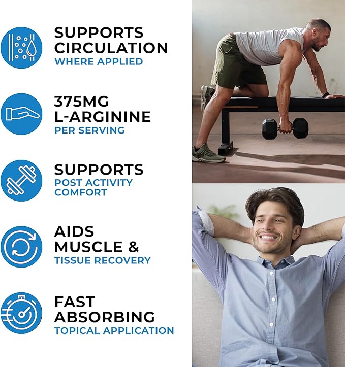 L-Arginine HCL 375mg Gel - Topical Nitric Oxide Support for Circulation &amp Performance - Advanced High Absorption Transdermal Formula - 375mg L-Arginine HCL per Serving