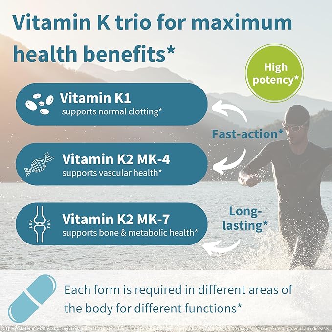 Igennus High Strength Triple Vitamin K Complex 2700 mcg K1 &amp K2 (MK-4 &amp MK-7) 1-a-Day Clean Label Advanced Bioactive Forms Bone &amp Cardiovascular Support Vegan 90 Fast Action Capsule