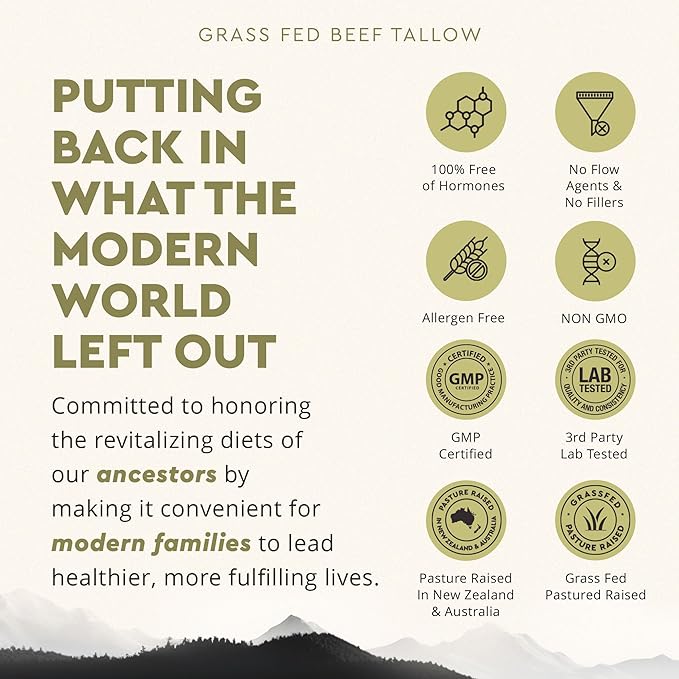 Ancestral Supplements Grass Fed Beef Tallow Capsules 3000mg Nourishing Kidney Fat Supplement Supports Bones Teeth Gums Skin Immune and Overall Health Non-GMO 180 Capsules