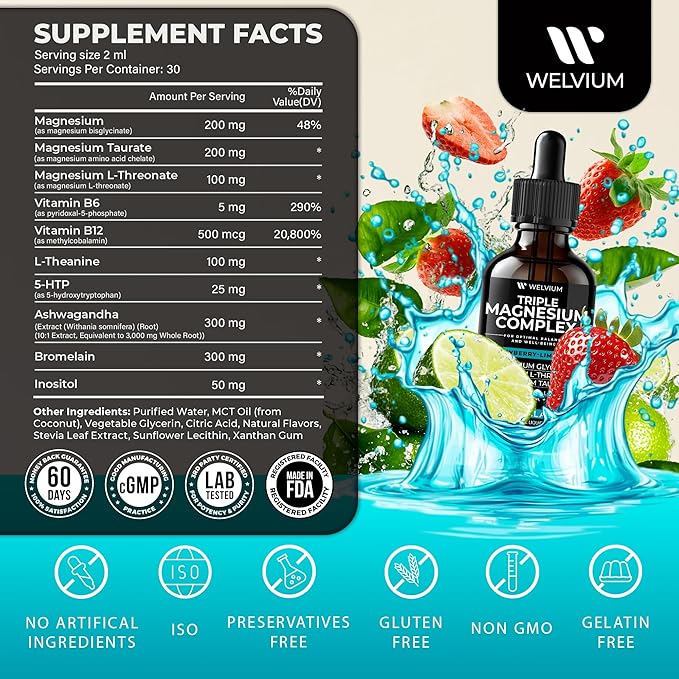 Triple Magnesium Complex Liquid Drops - High Absorption Magnesium Glycinate Supplement L-Threonate Taurate 500mg - Ashwagandha L-Theanine 5-HTP Vitamins B6 B12-2 Pack