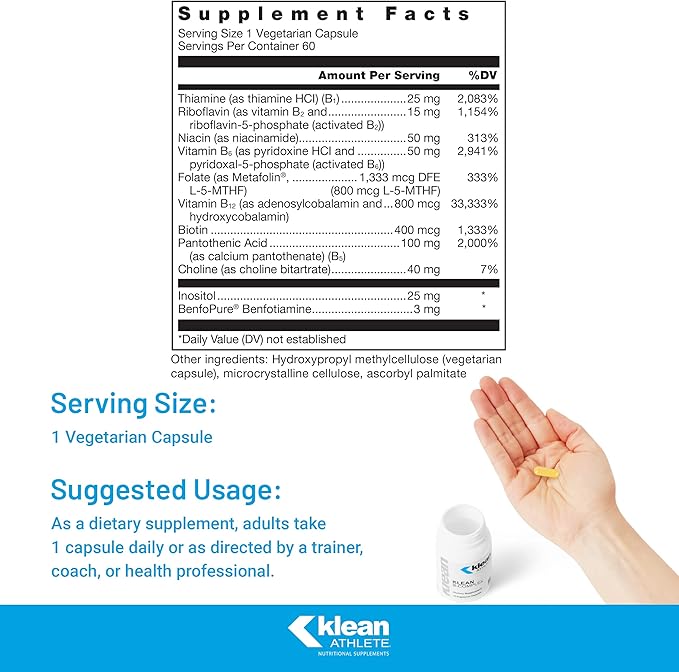 Klean Athlete Klean B-Complex | Supports Energy Production Cardiovascular Function and Normal Cellular Functions | NSF Certified for Sport | 60 Vegetarian Capsules