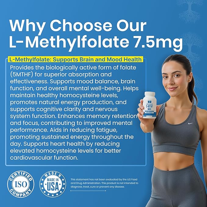 L Methylfolate 7.5mg | 90 Capsules | Optimized &amp Highly Bioactive Methyl Folate Supplement | 5-MTHF Supports for Energy Focus &amp Mood | Non-GMO Gluten Free Vegan | 3 Month Supply
