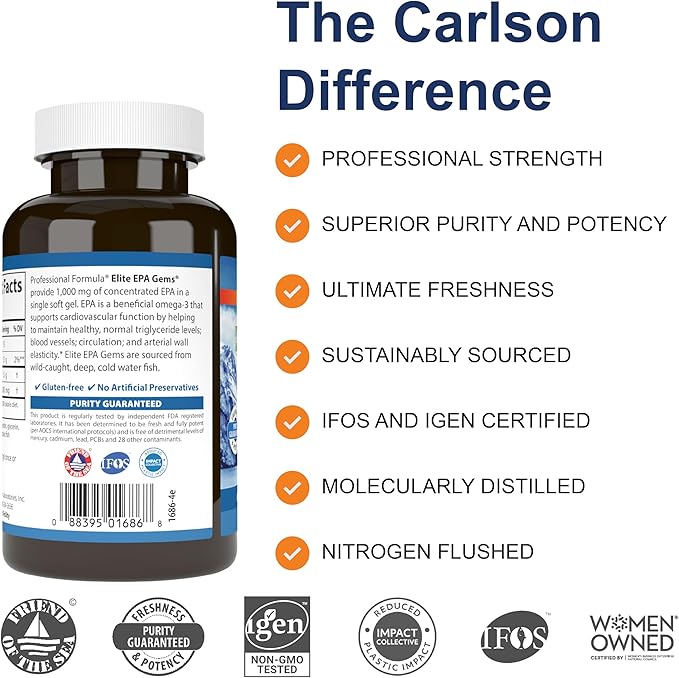 Carlson - Elite EPA Gems 1000 mg EPA Fish Oil Wild-Caught Norwegian Fish Oil Supplement Sustainably Sourced Helps Maintain Healthy Triglyceride Levels 60 Softgels