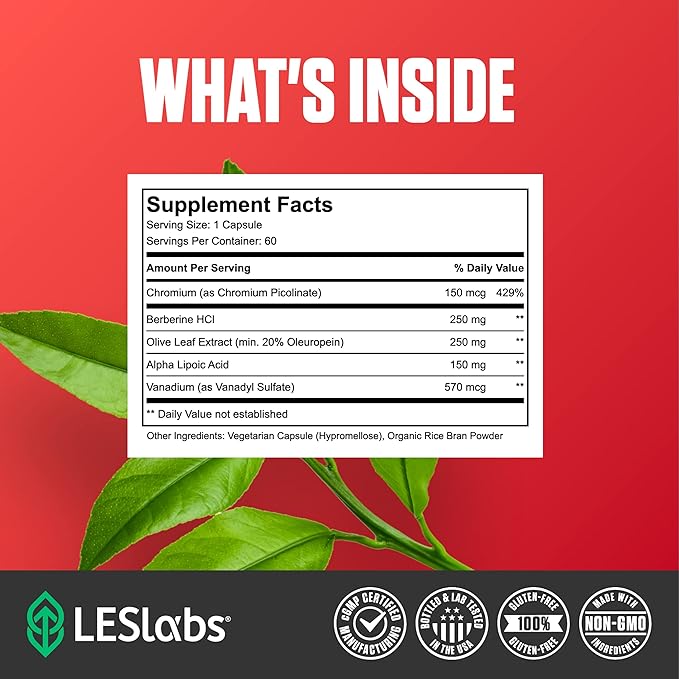 LES Labs Insulin Health – Metabolic Health and Support Lipid &amp Carbohydrate Metabolism – Berberine Chromium Olive Leaf Alpha Lipoic Acid &amp Vanadium – Non-GMO Supplement – 60 Capsules