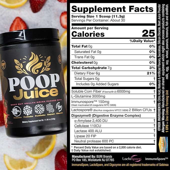 Poop Juice 5-in-1 Daily Fiber Supplement Powder - Bloat &amp Poop Relief - Prebiotic Probiotic Postbiotic Digestive Enzymes L-Glutamine - GLP-1 Support - Sugar-Free Strawberry Lemonade (30 Servin