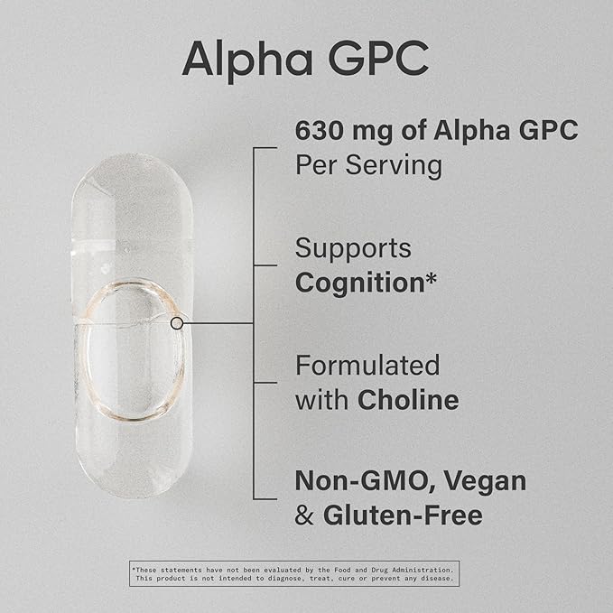 Sports Research® Alpha GPC 630mg (Extra Strength) - Bioavailable Source of Choline - Focus &amp Cognitive Support for Women &amp Men - Vegan Certified · Non-GMO · Gluten Free - 60 Liquid Capsules