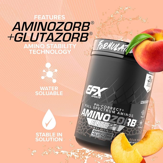 EFX Sports Aminozorb Elite 21 | PH-Correct Full Spectrum Aminos + Glutamine | Essential &amp Non Essential Aminos | Zero Sugars | 30 Servings (Sour Peach)