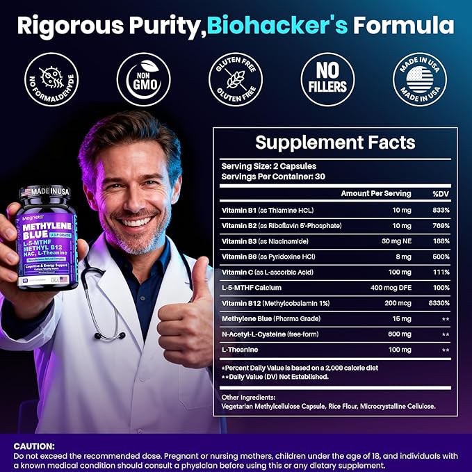 Methylene Blue Pharmaceutical Grade Capsules for Humans - Triple-Pathway Formula with Pure MB NAC L-5-MTHF L-Theanine&amp Methyl B12 | Cognition Mental Clarity Cellular Energy &amp Antioxidant