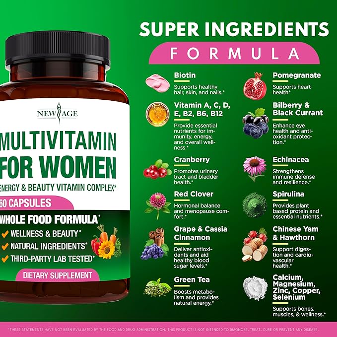 NEW AGE Multivitamin for Women - B-Complex Whole Foods Hair Support Iron - All in1 Womens Multivitamin - Bioavailable &amp Gentle on Stomach - Made in USA - 60 Count