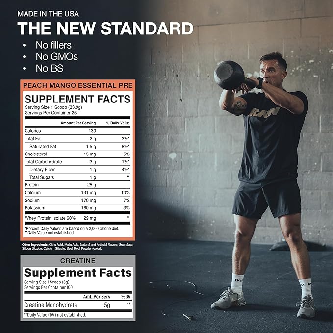 RAW Nutrition Creatine Monohydrate &amp Peach Mango Pre-Workout Powder Bundle