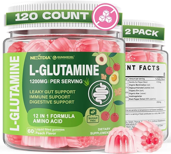 L-Glutamine 1200mg Gut &amp Immune Support GummiesLeaky Gut Repair Supplement with Slippery ElmMarshmallow RootGinger RootArabinogalactanOrganic AloeVitamin CVitamin D3ZincSugar-Free | 120 C