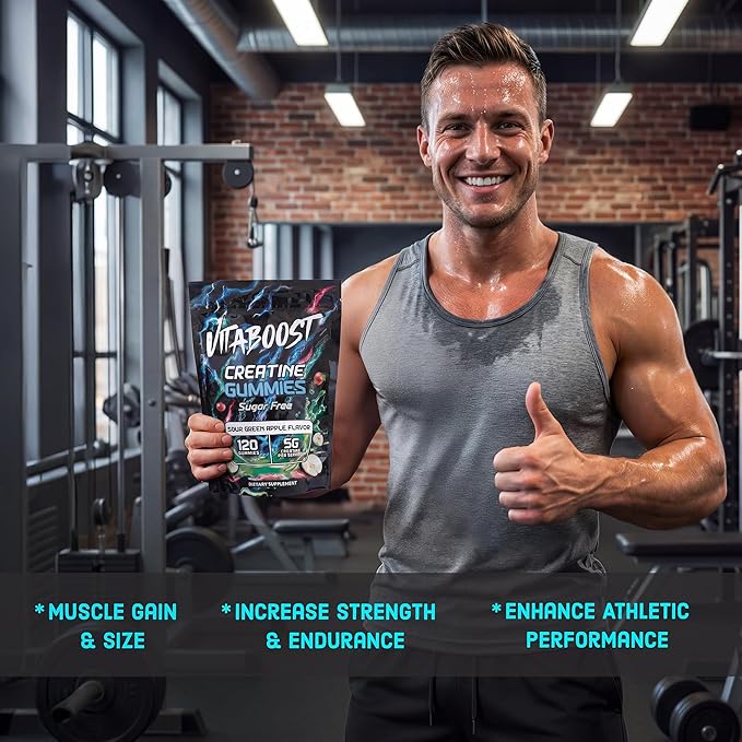 Sugar Free Creatine Monohydrate Gummies – 5g Creatine Per Serving Sour Green Apple Flavor Vegan Low-Calorie No Artificial Colors Made in USA (120 Gummies)