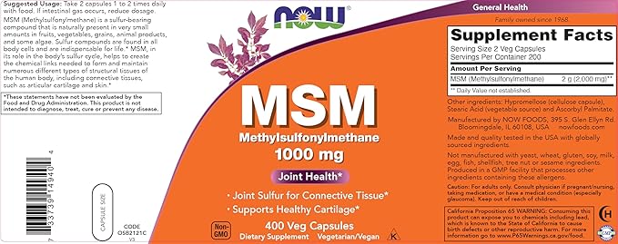 Now MSM 1000mg 400 Veg Capsules (Pack of 2) Methyl-Sulphonyl-Methane Made in USA Sulfur Supplement Non-GMO Vegan/Vegetarian Friendly