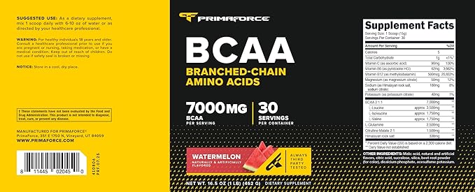 Primaforce BCAA Powder (Watermelon) - 7000MG 2:1:1 BCAAs 30 Servings Post-Workout Recovery Drink with Amino Acids and Real Salt for Men &amp Women