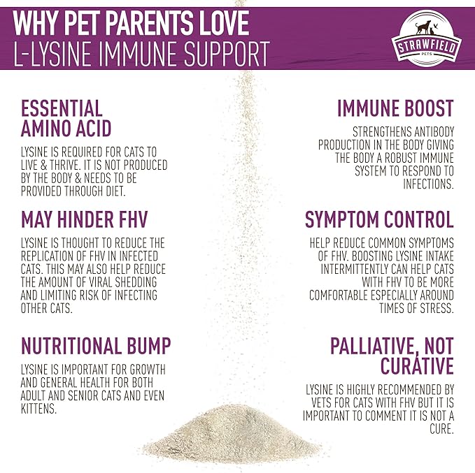 Strawfield Pets L-Lysine Immune Support Granules for Cats &amp Kittens - Immune Health Supplement Cat Cold Relief Sneezing Congestion Running Nose Watery Eyes Chicken Liver Flavor 200 Scoops Per
