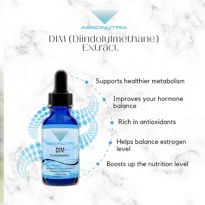Absonutrix DIM (Diindolylmethane) Extract 593 mg 4 Oz Bottle 200 Potent Servings Third-Party Tested Drops Quick Absorption Gluten-Free Third-Party Tested GMP-Certified Non-GMO Made in USA