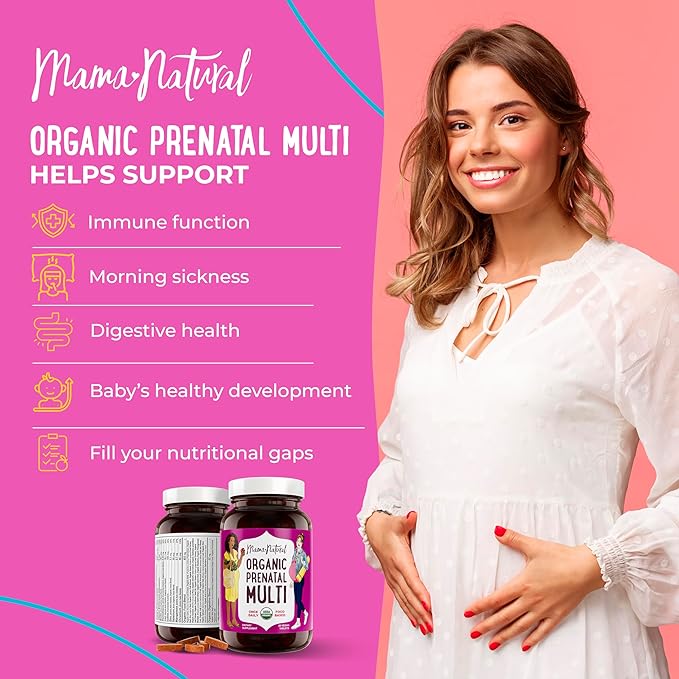 Mama Natural Organic Prenatal Vitamins for Women Vegan (30 Servings) | One A Day Prenatal Vitamins for Pregnant Women | Food Based Non-GMO &amp Gluten-Free - Pre Natal Multivitamin with Folate